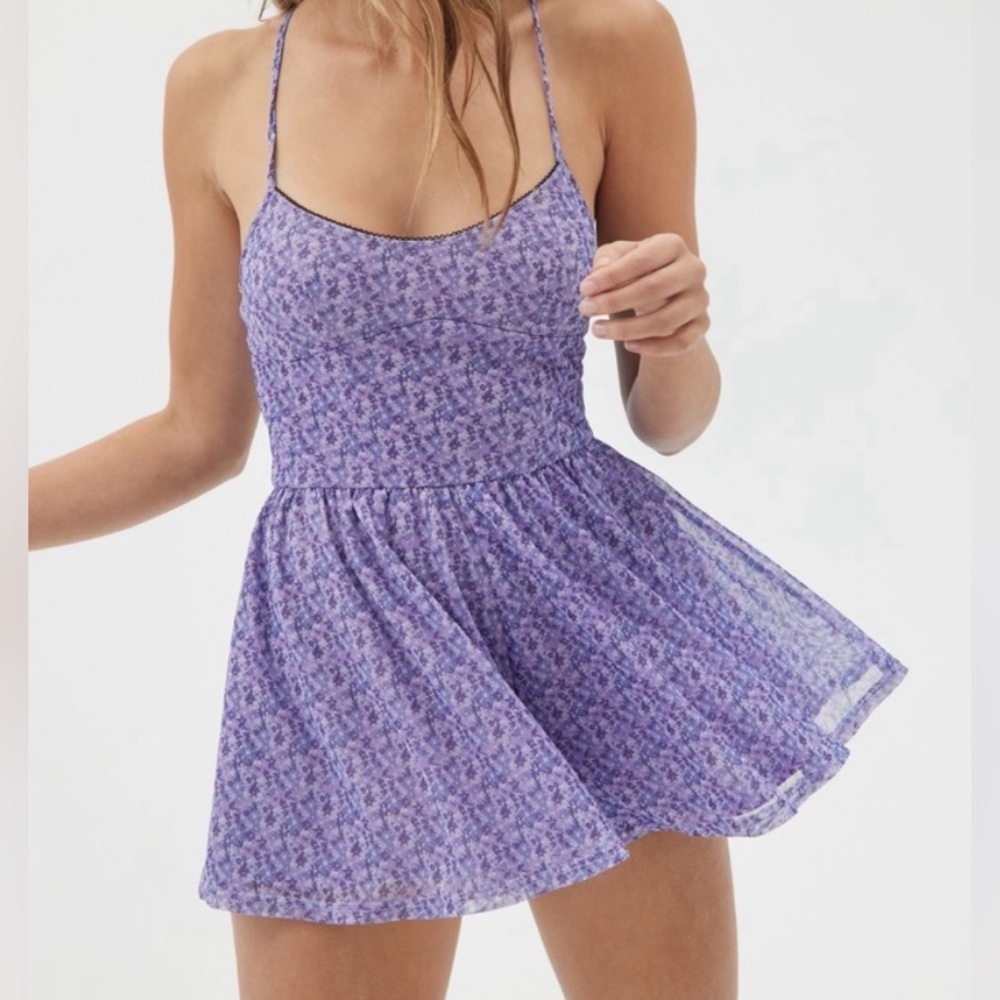 Urban Outfitters Cross Back Purple Floral Romper